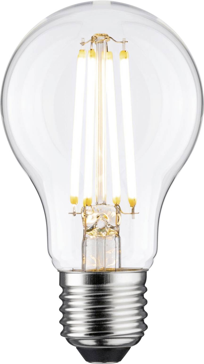 Eine Glühbirne mit sichtbaren Filamenten, die an ist, leuchtet und zeigt klassische Form mit modernem LED-Design.