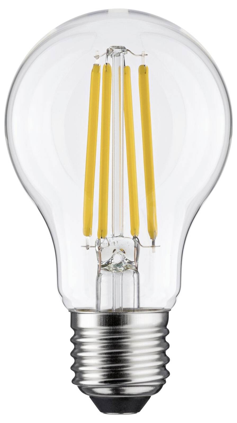 Eine LED-Glühbirne mit E27-Sockel und sichtbaren gelben Filamenten.