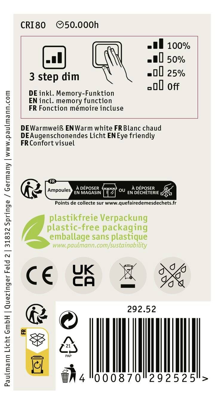 Rückseite einer LED-Verpackung mit Infos zu Dimmen, Lichtfarbe (warmweiß), Energiesparsiegel und plastikfreier Verpackung.