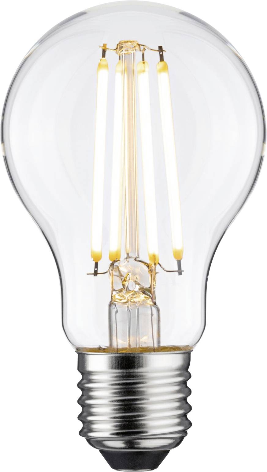 Glühbirne mit sichtbarem Filament, strahlt warmes Licht aus. E27-Sockel, geeignet für dekorative Beleuchtung.