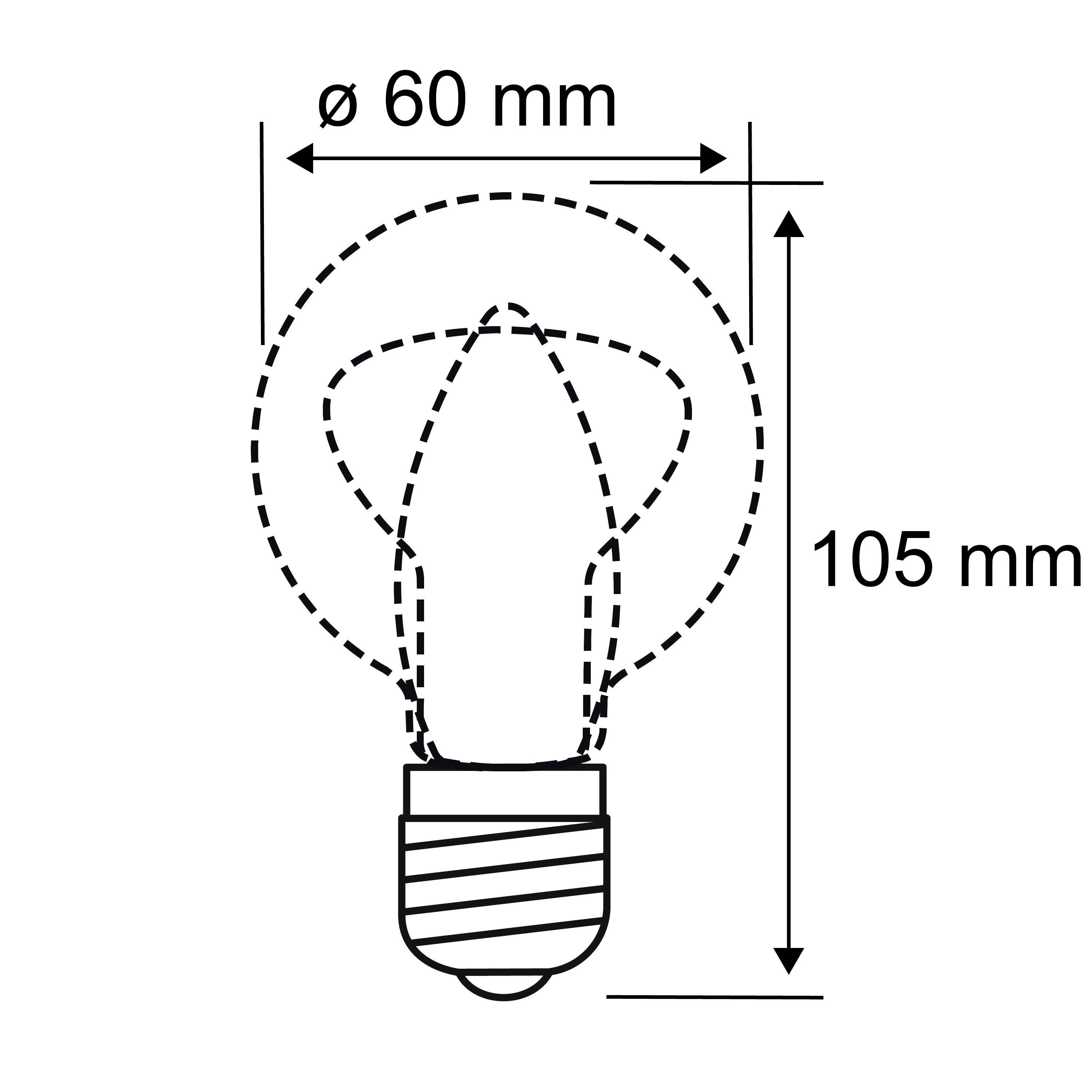 Glühbirnen-Skizze mit den Maßen: Durchmesser 60 mm, Höhe 105 mm. Dünn gestrichelte Linien zeigen die Form mit Basis und Gewinde.