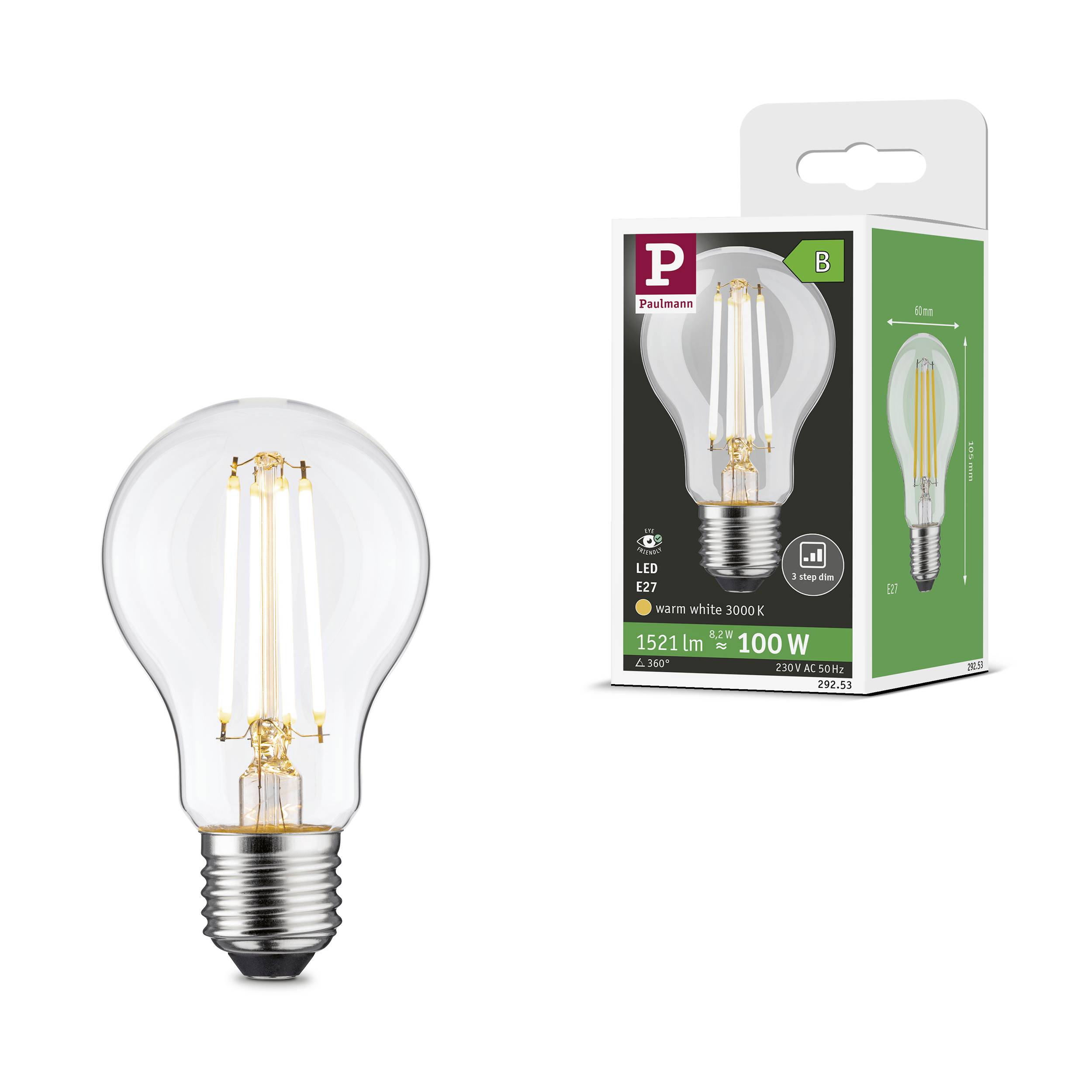Glühbirne und Verpackung im Bild, 100 W LED, E27 Fassung, warmweißes Licht, energieeffizient mit Etikett 'B'.