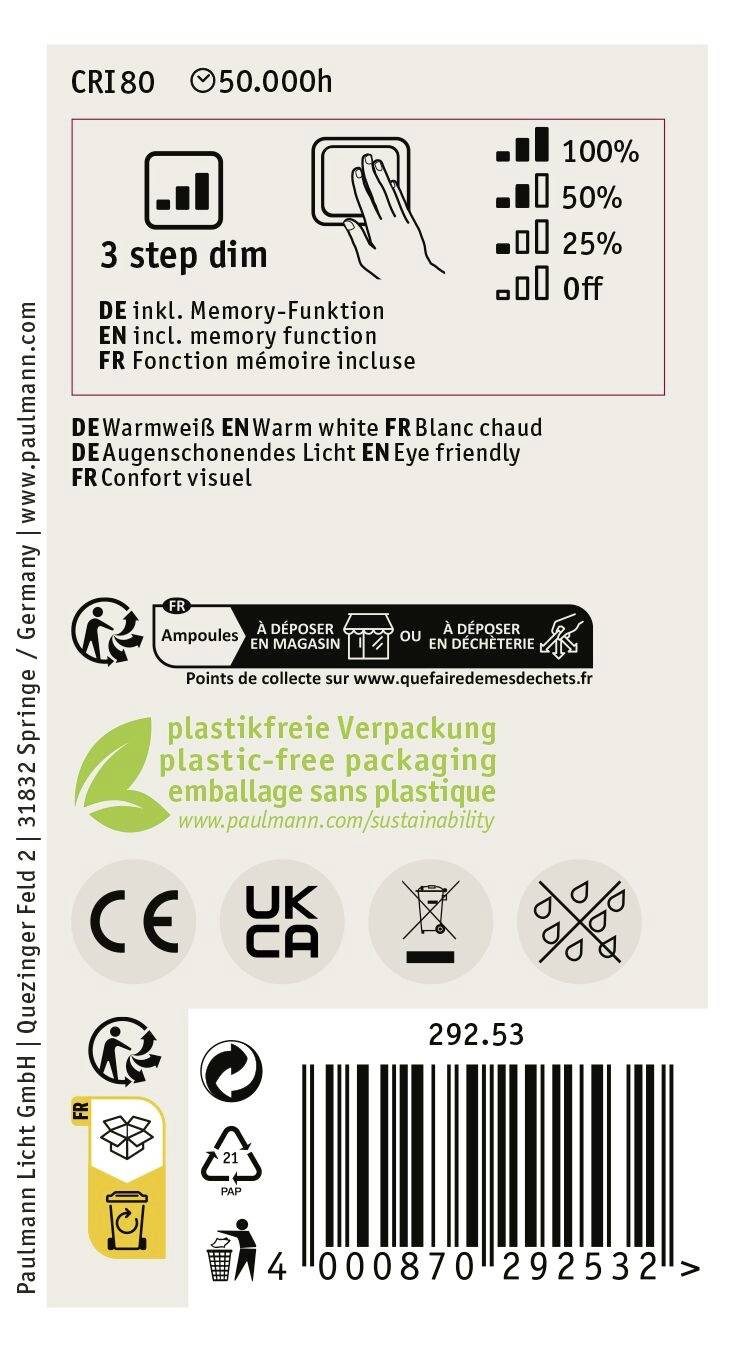 Paulmann 29253 LED EEK B (A - G) E27 Glühlampenform 8.2W Warmweiß (Ø x H) 60mm x 105mm 1St.