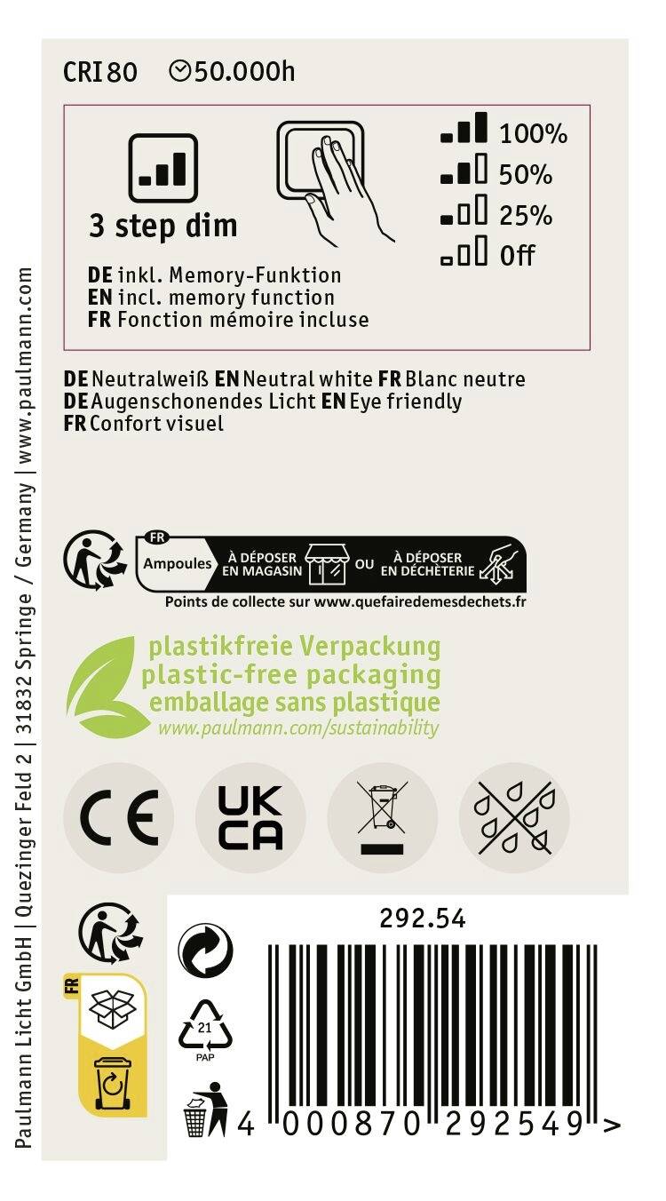 Etikett eines LED-Leuchtmittels von Paulmann mit Infos zu Lichtfarbe, Dimmfunktion, Energieeffizienz, Haltbarkeit und Entsorgung.