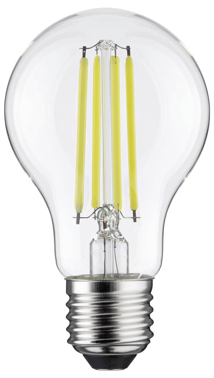 Eine LED-Glühbirne mit durchsichtiger Oberfläche und sichtbaren gelben Filamenten, vor einem weißen Hintergrund.