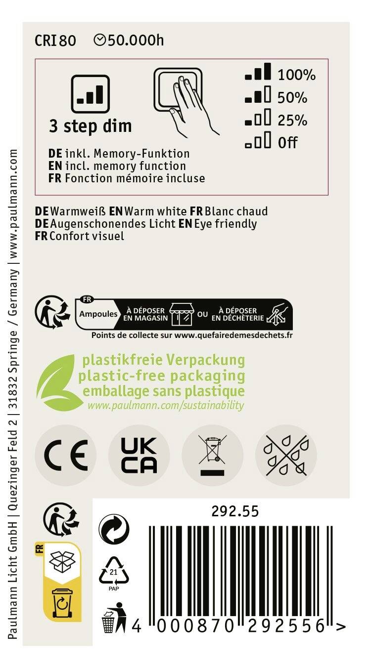 Verpackungslabel mit Informationen zu dimmbarem Leuchtmittel: CRI 80, hält 50.000 Stunden. Enthält Symbole für Recycling, Energieeffizienz und Lebensdauer.