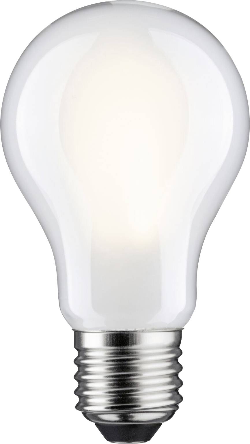 Glühbirne, eingeschaltet; strahlt helles Licht ab. Silberne Fassung, Standardform. Beleuchtungsobjekt, elektrisch betrieben.