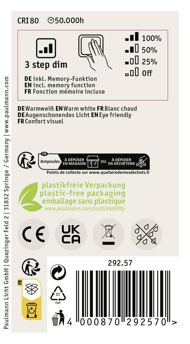 'Paulmann Licht LED' Verpackungsrückseite mit Informationen über dimmbare Funktion, 3-Stufen-Dimmer, Fassung GU10, Farbwiedergabeindex 80, Lebensdauer 50.000 Stunden, energiesparende und plastikfreie Verpackung.