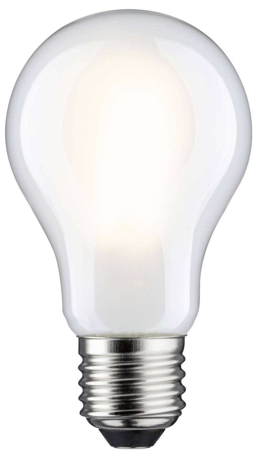 Glühbirne, glänzende Metallfassung, leuchtender Glaskörper. Symbol für Idee, Innovation.