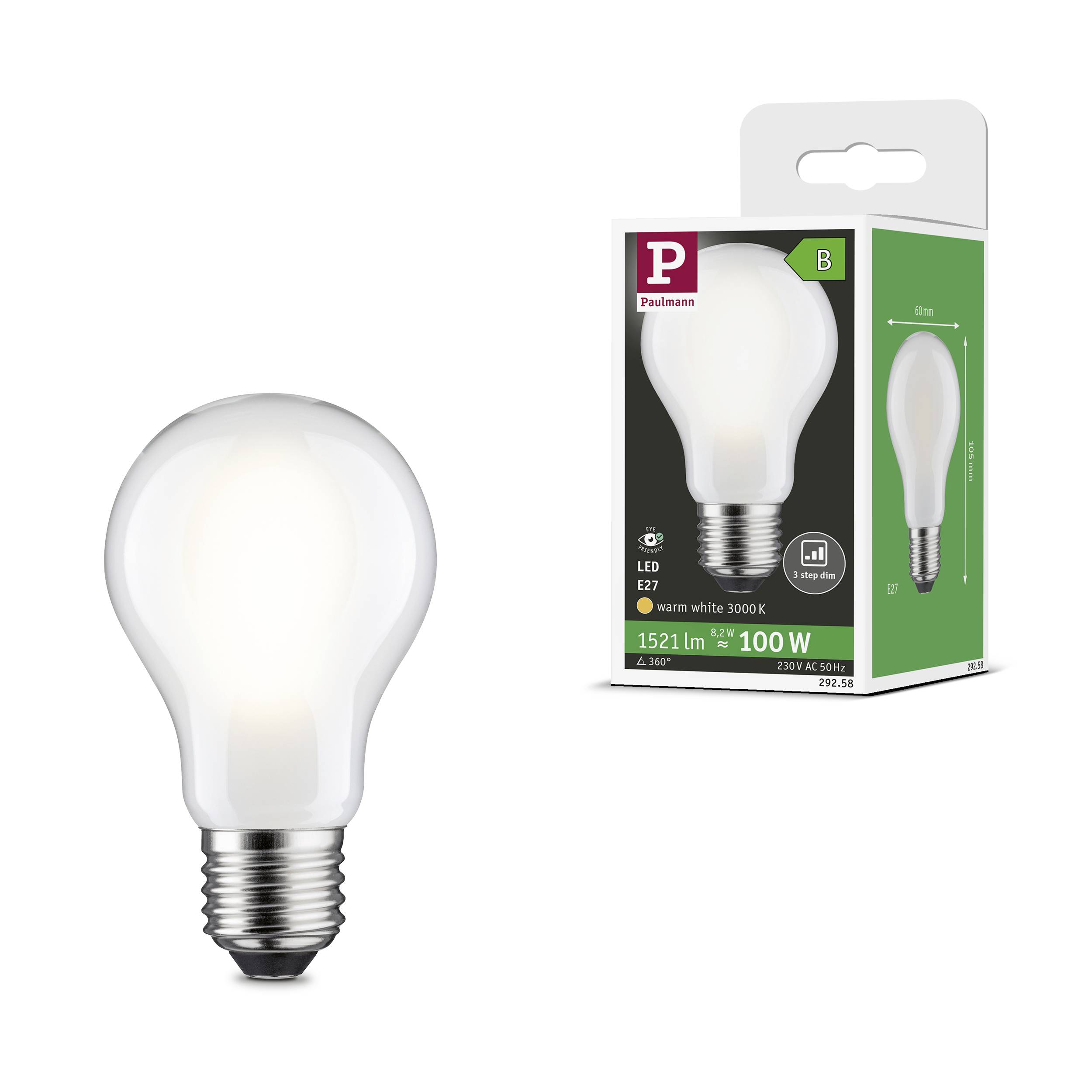 Eine LED-Glühbirne der Marke Palansa, 100W, 1521lm, warmweiß 3000K, Energieklasse B, abgebildet neben ihrer Verpackung.