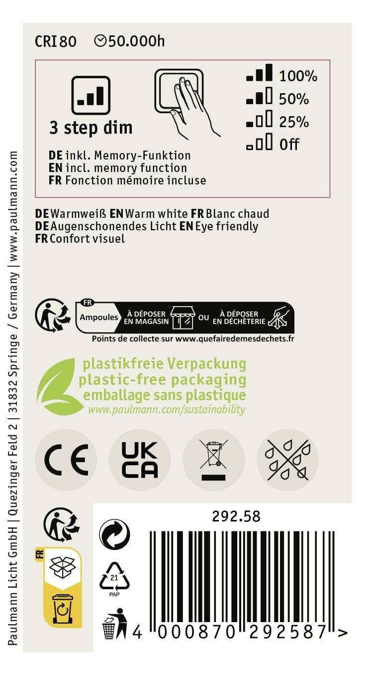 '3 step dim' LED-Lampe: 100%, 50%, 15% Helligkeit. Enthält Memory-Funktion. Warmweißes, augenschonendes Licht. Recycling-Verpackung.