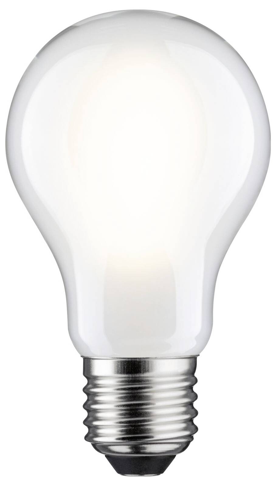 Eine leuchtende Glühbirne mit silberner Fassung vor weißem Hintergrund. Symbolisiert Idee oder Innovation.