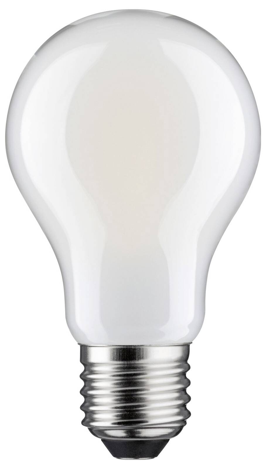 Standard-Glühbirne auf weißem Hintergrund, zeigt das übliche Design einer birnenförmigen Glühbirne mit Metallsockel.