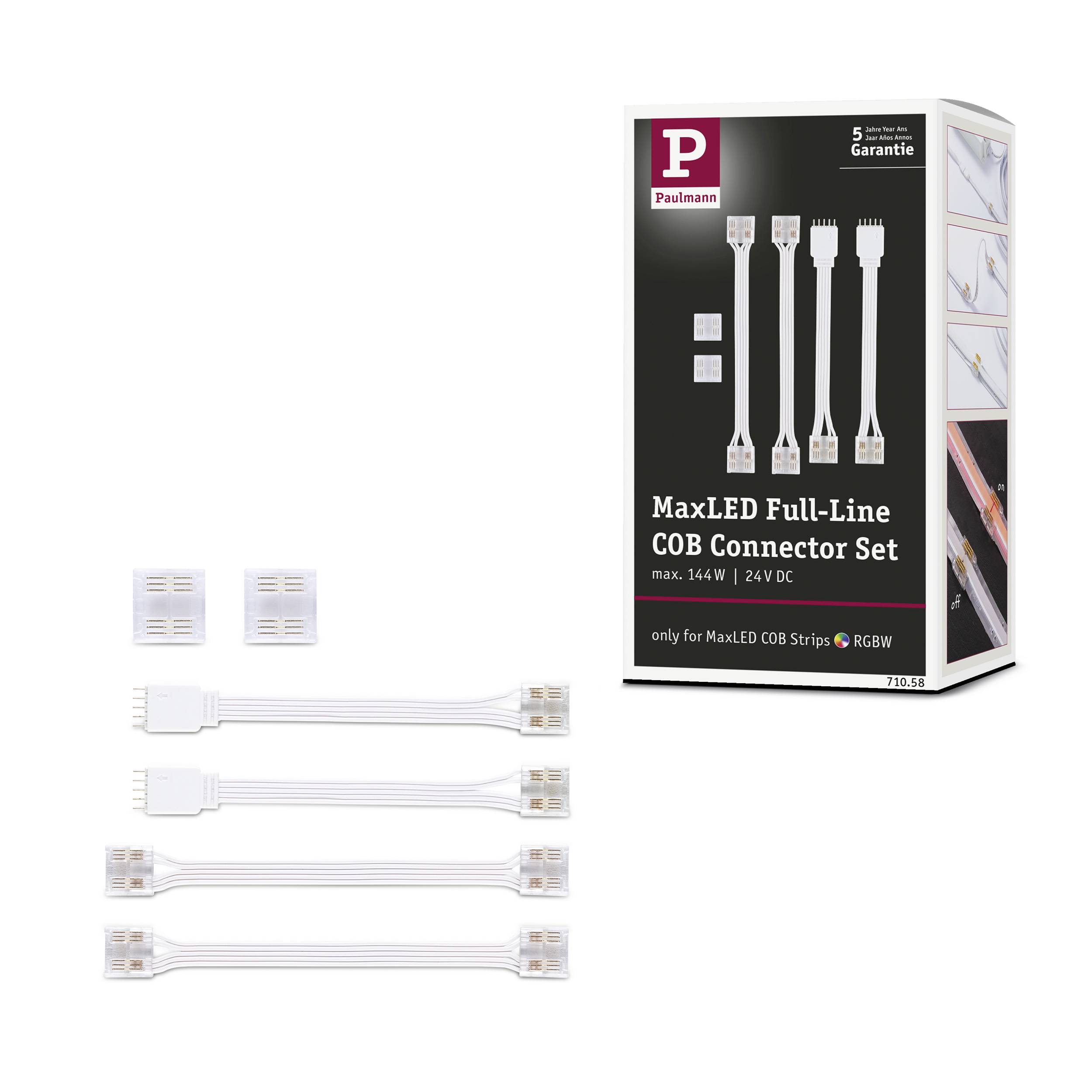 MaxLED Full-Line COB Connector Set, 5 Stück pro Packung, geeignet für MaxLED COB Strips; Packung zeigt Anschlüsse und 5 Jahre Garantie.