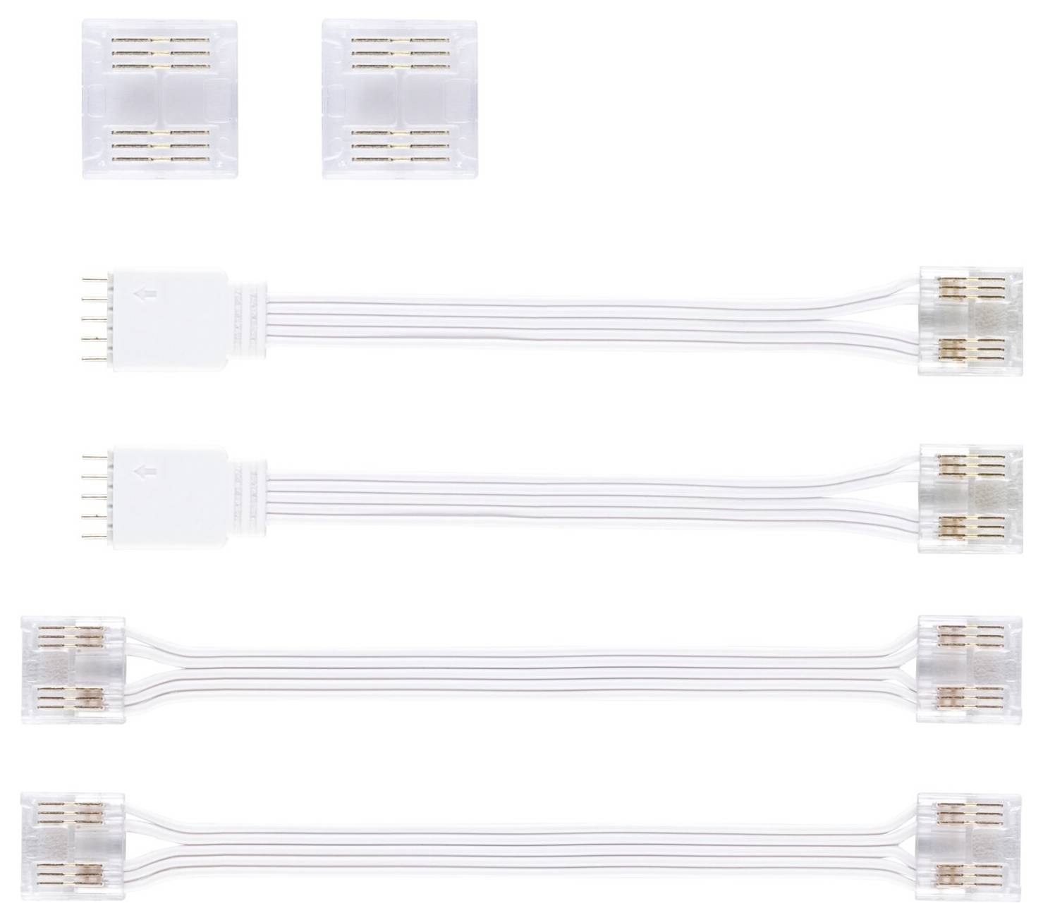 Vier weiße LED-Verbinderkabel mit durchsichtigen Anschlüssen, darunter zwei kleinere, quadratische Verbinder oben.