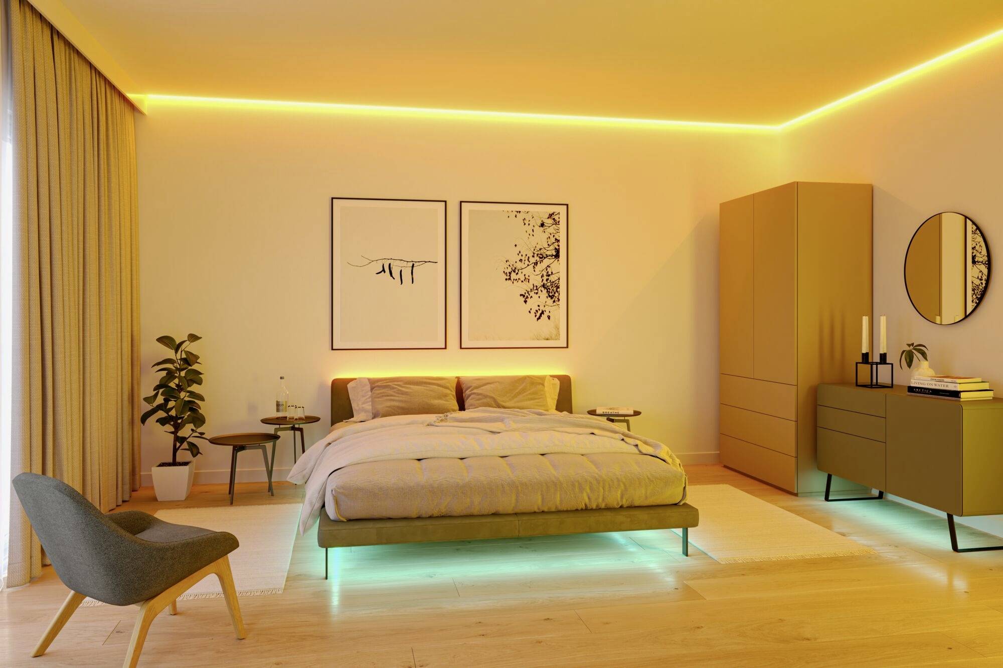 Ein modernes Schlafzimmer mit indirekter Beleuchtung. Ein Bett mit Bettwäsche, daneben ein Nachttisch, ein Kleiderschrank und ein Stuhl.