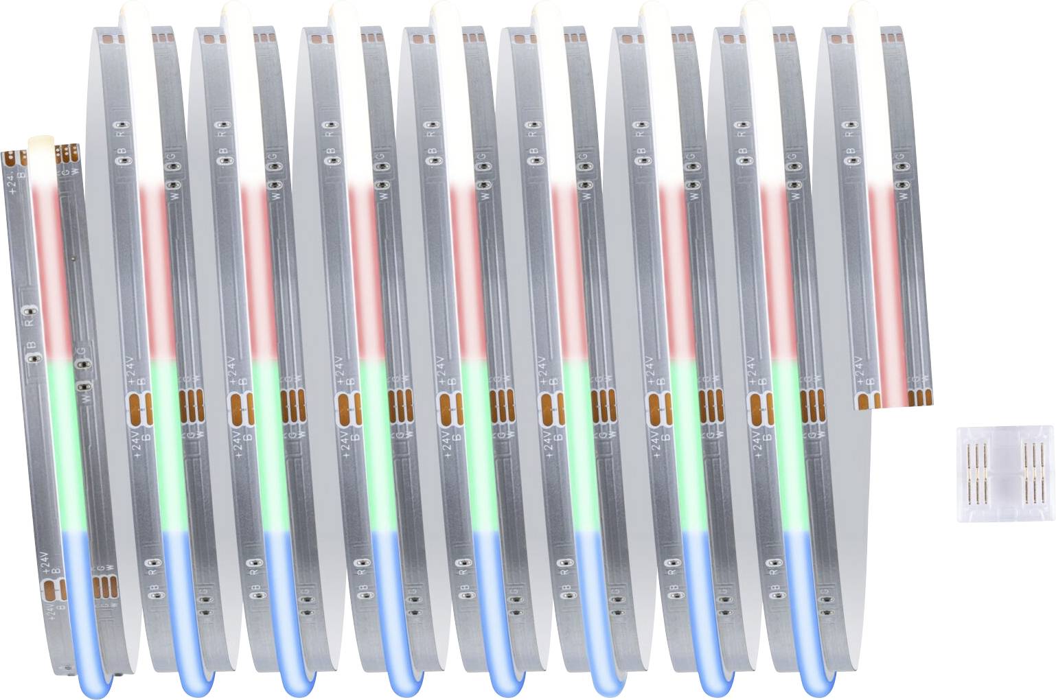Zwölf RGB-LED-Streifen in einer Reihe, zeigen Rot, Grün und Blau leuchtende Abschnitte. Rechts liegt ein Steckverbinder.