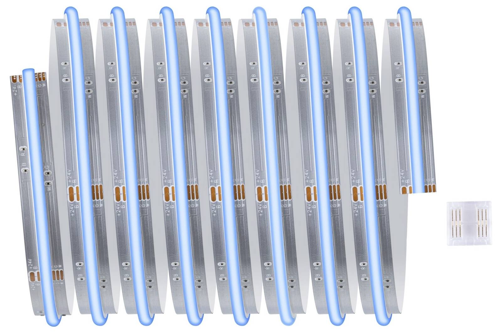 Ein Set von zehn blauen LED-Streifen nebeneinander, neben einem kleinen weißen Verbinder.