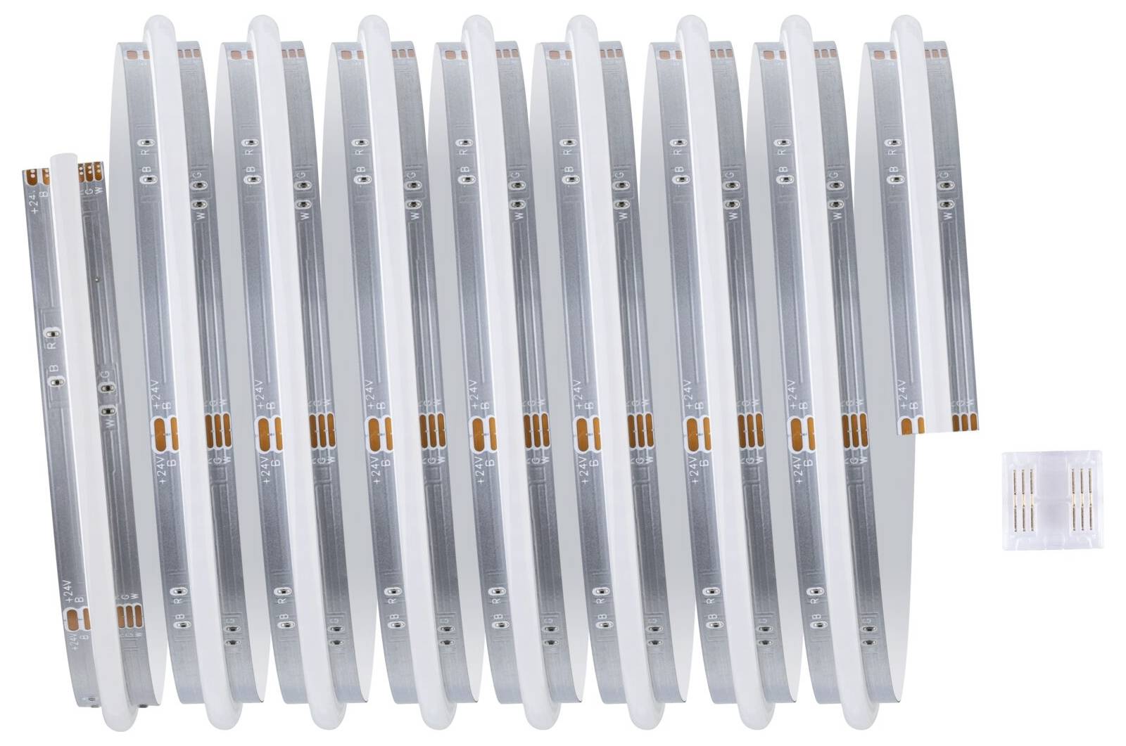 Mehrere graue, parallel angeordnete Metallstreifen mit Löchern und kleinen Kupferanschlüssen daneben, vermutlich für Montagezwecke.