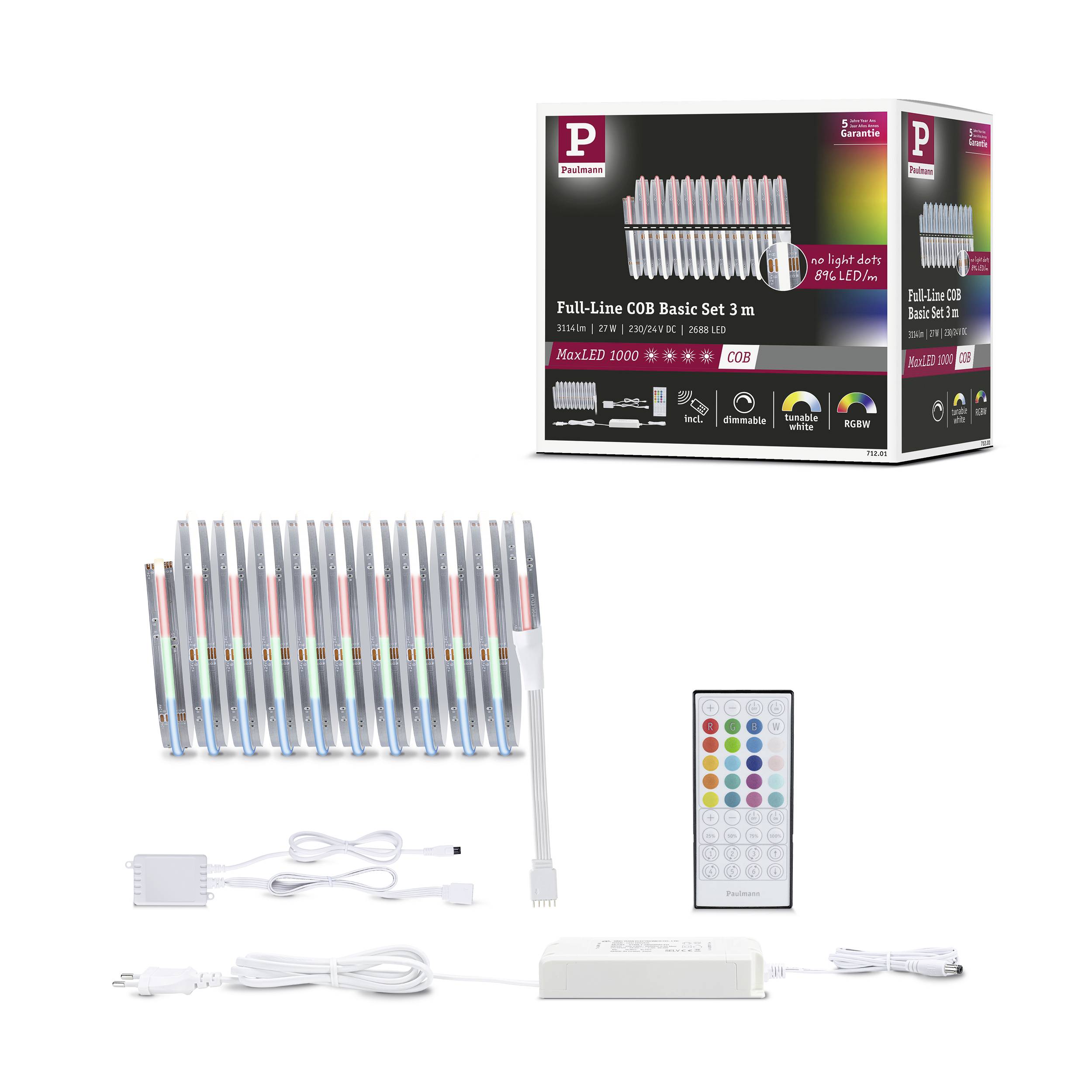 'LED-Streifen Full-Line COB Basic Set 3m' mit Fernbedienung, Netzteil und Verbindungskabel. Verpackung zeigt Lichteffekte und Spezifikationen.