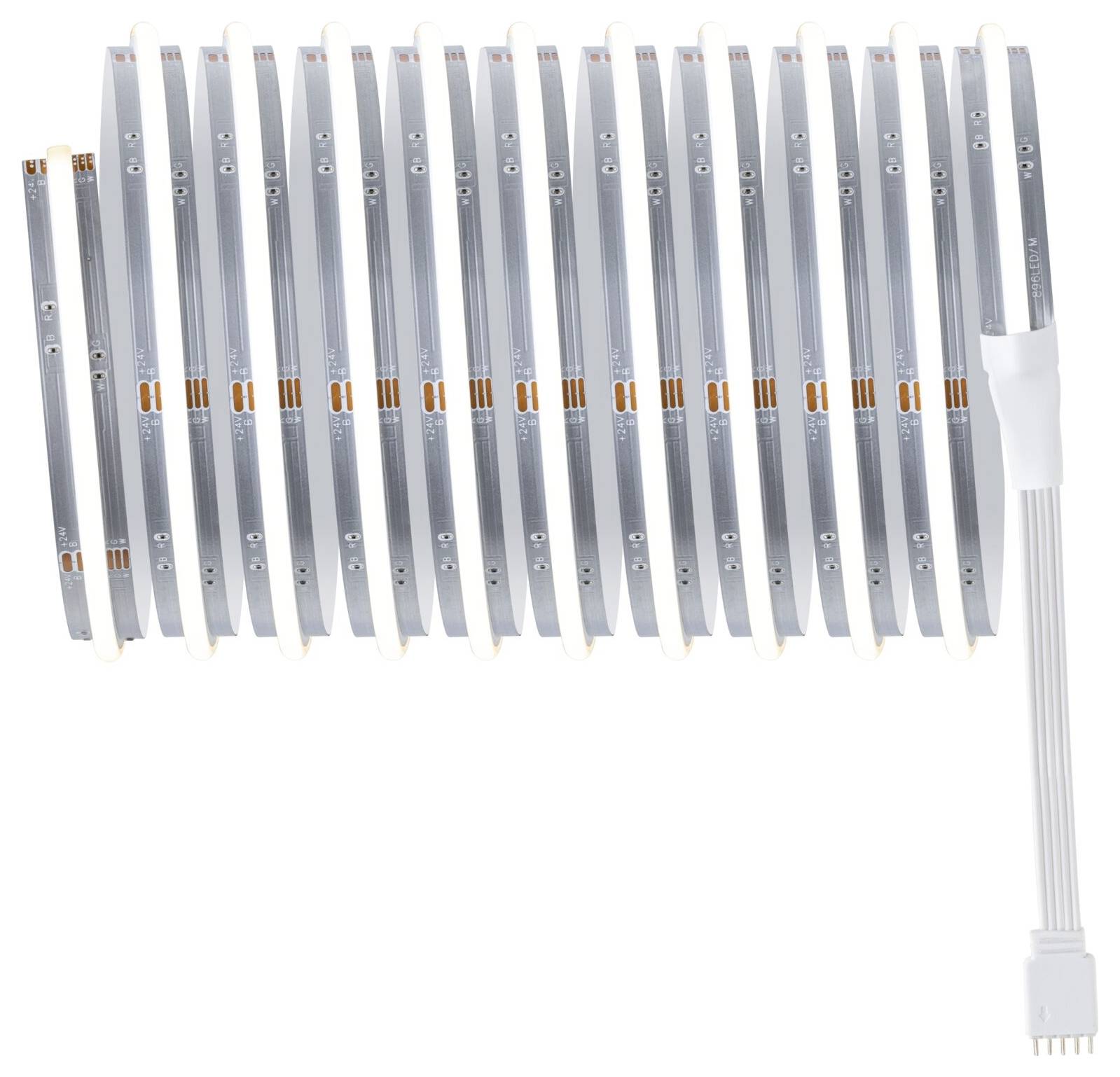 Flexible LED-Streifen mit mehreren Lichtereinheiten und einem Anschlusskabel, aufgerollt in Schleifen, geeignet für Beleuchtungsanwendungen.