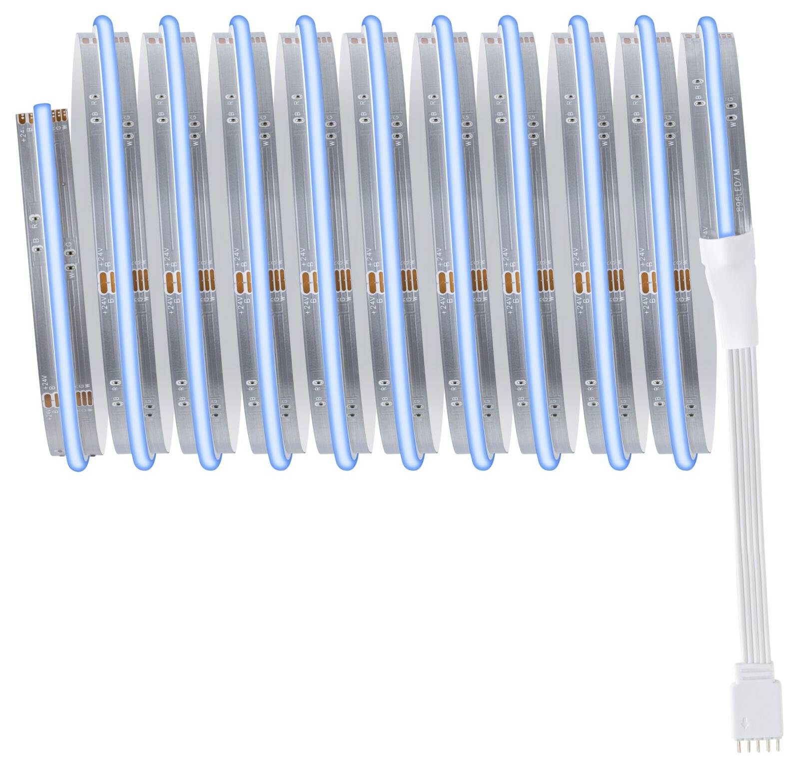 Zwei aufgerollte LED-Streifen, parallel nebeneinanderliegend, mit blauem Rand und Kupferkontakten, an einem weißen Kabel befestigt.