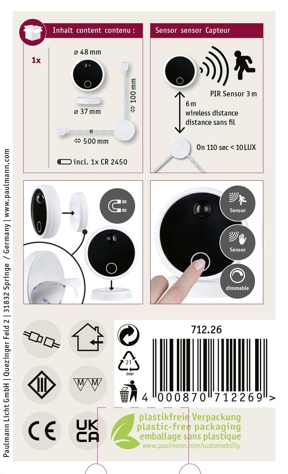71226 MaxLED Paulmann Home Funk-IR-Bewegungsmelder, Funk-Touch Sensor Weiß, Schwarz