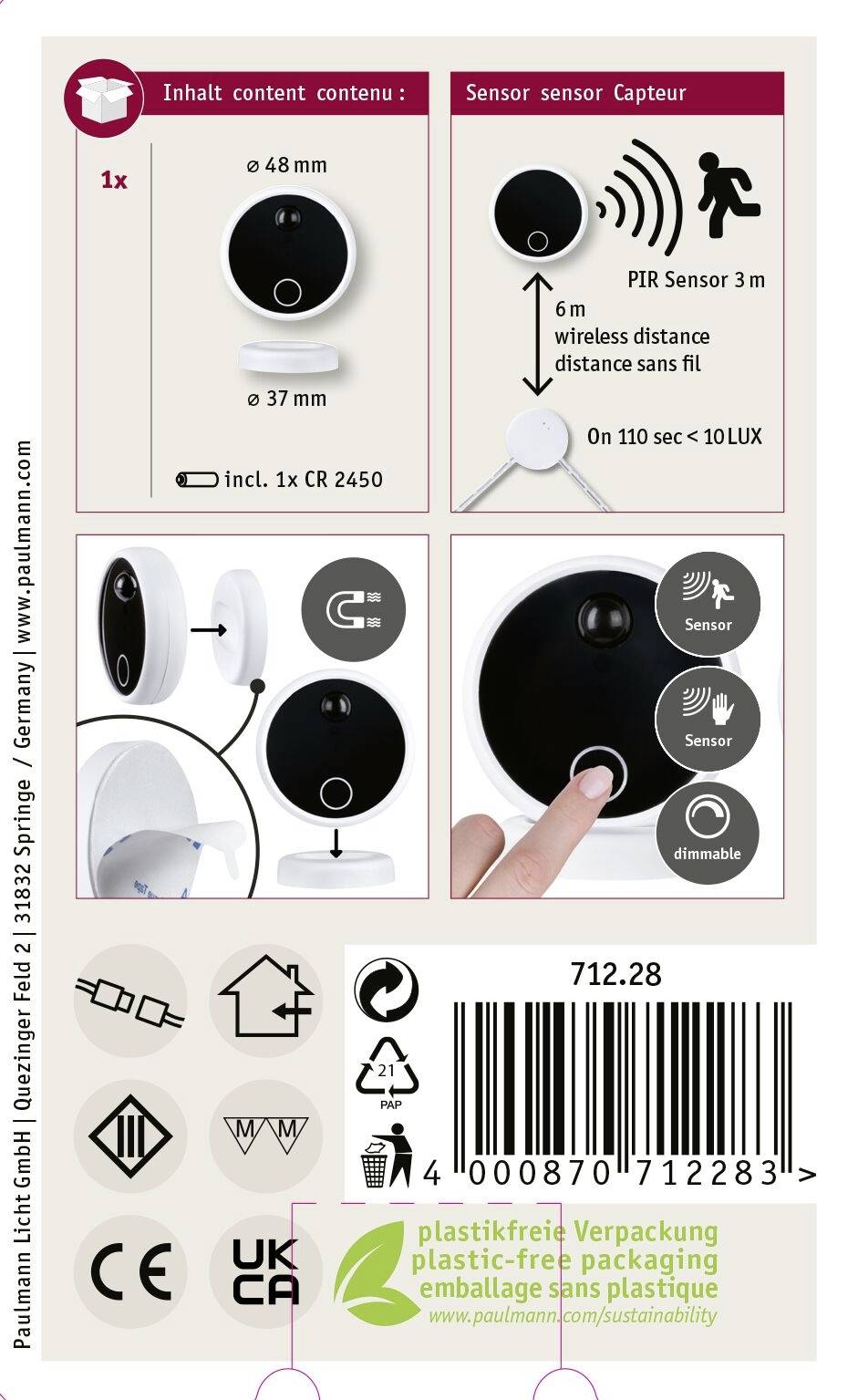 71228 MaxLED Paulmann Home Funk-IR-Bewegungsmelder, Funk-Touch Sensor Weiß, Schwarz