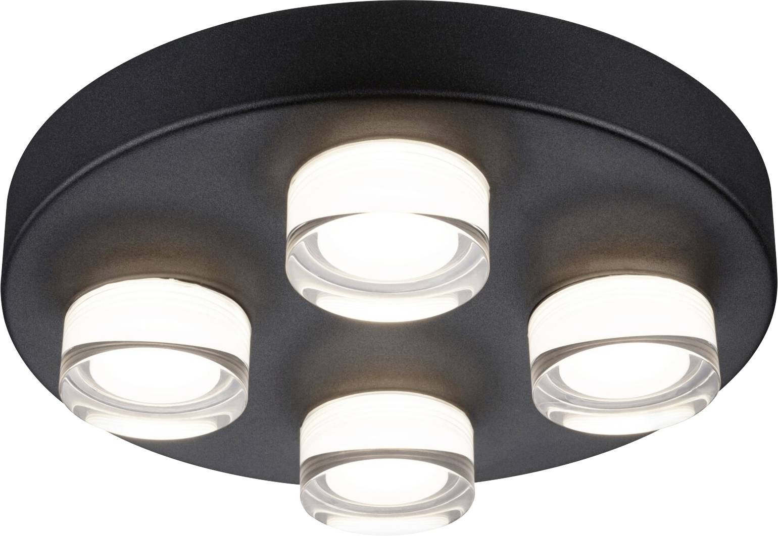 Vier runde LED-Leuchten auf einer schwarzen Deckenleuchte leuchten hell.