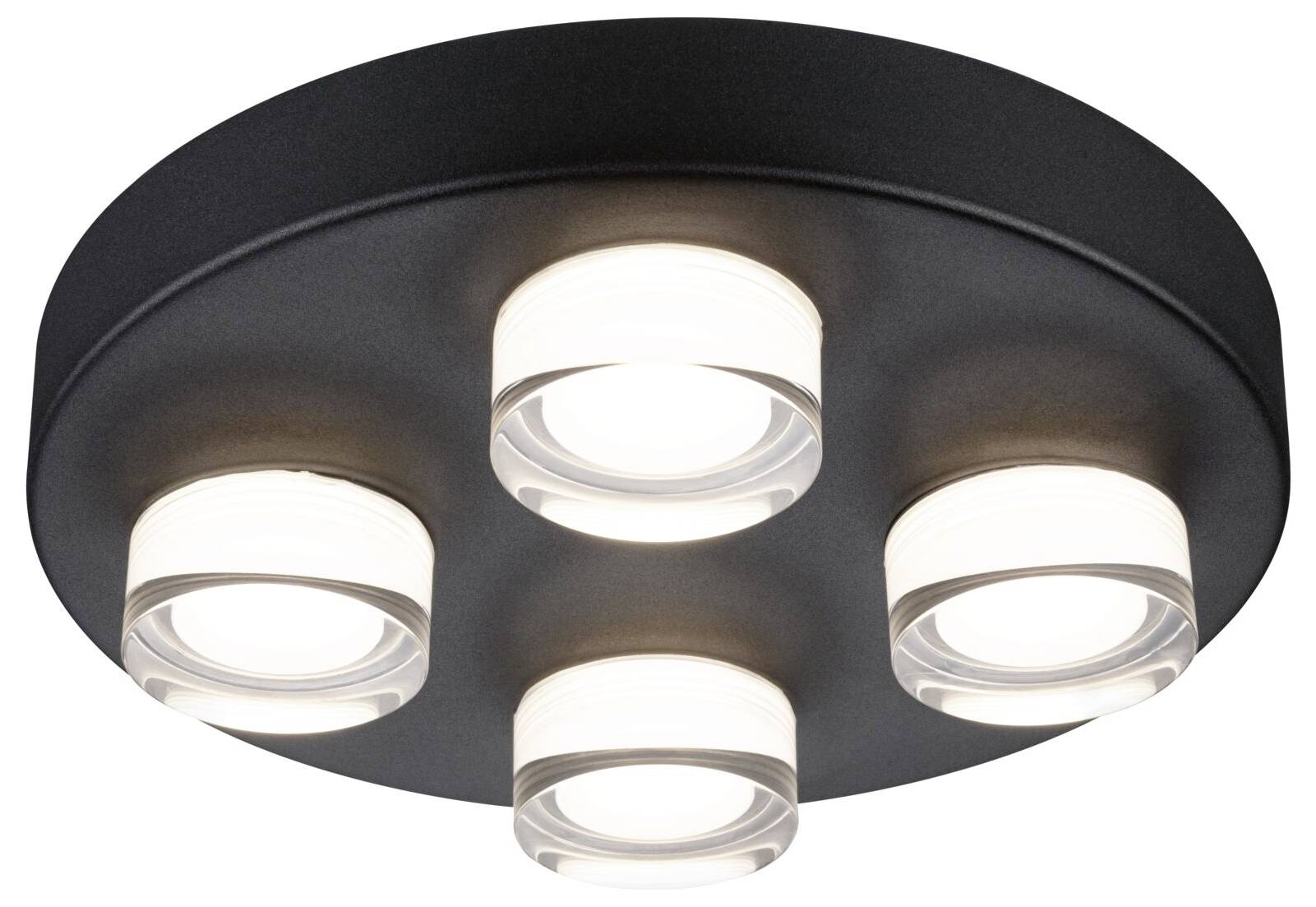 Runde Deckenleuchte mit vier zylindrischen LED-Leuchten, die eingefasst in einer schwarzen Metallbasis sind, leuchtet gleichmäßig.