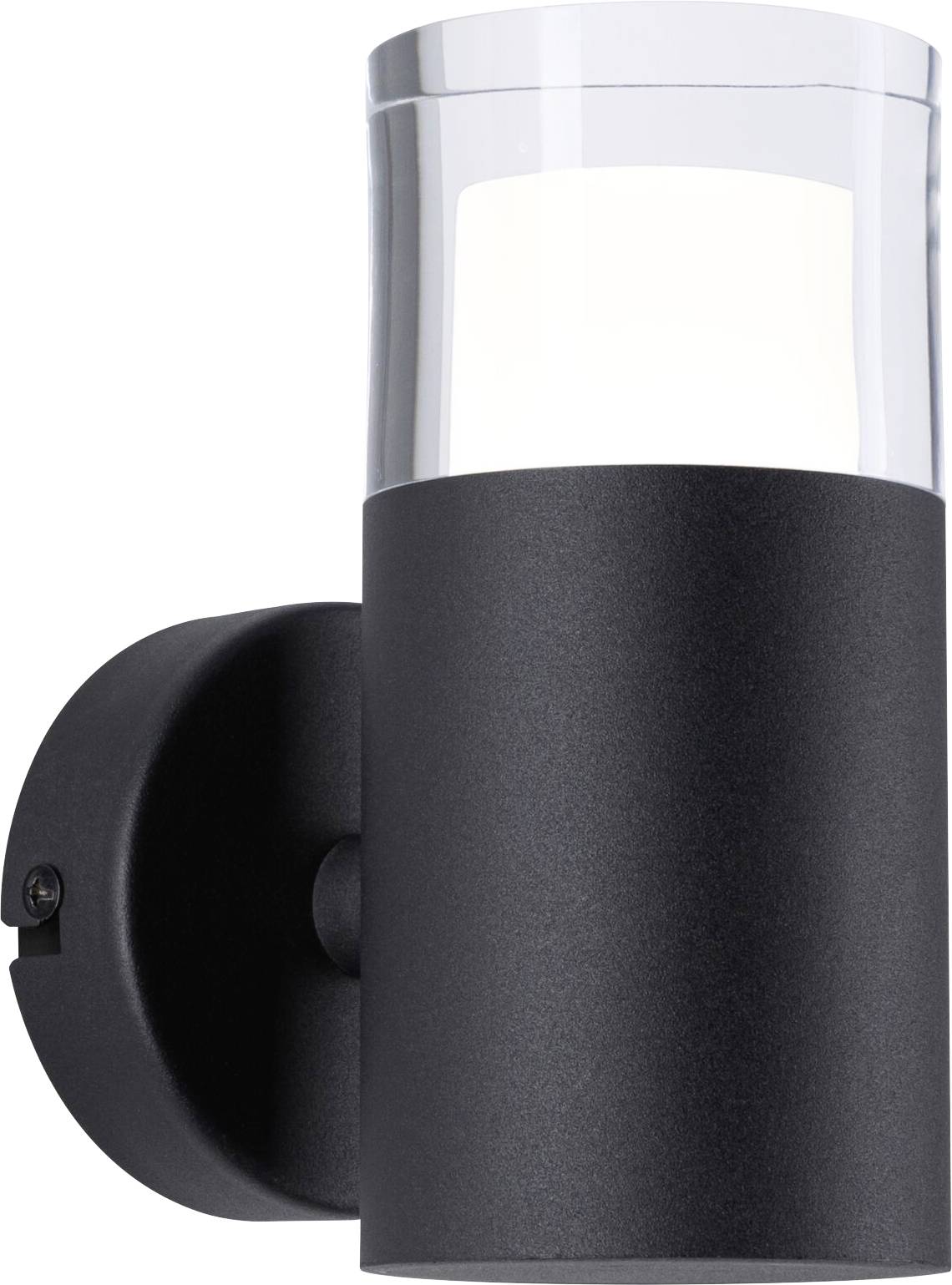 Schwarze zylindrische Außenleuchte mit durchsichtigem oberen Teil, an der Wand montiert, leuchtet hell. Minimalistisches Design.