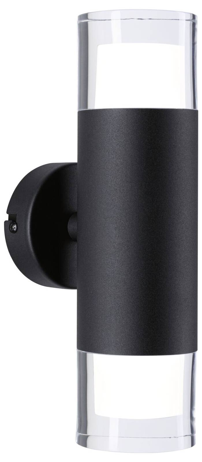 Schwarze zylindrische Außenwandleuchte mit zwei Leuchtköpfen, die nach oben und unten abstrahlen, montiert auf einer runden Halterung.