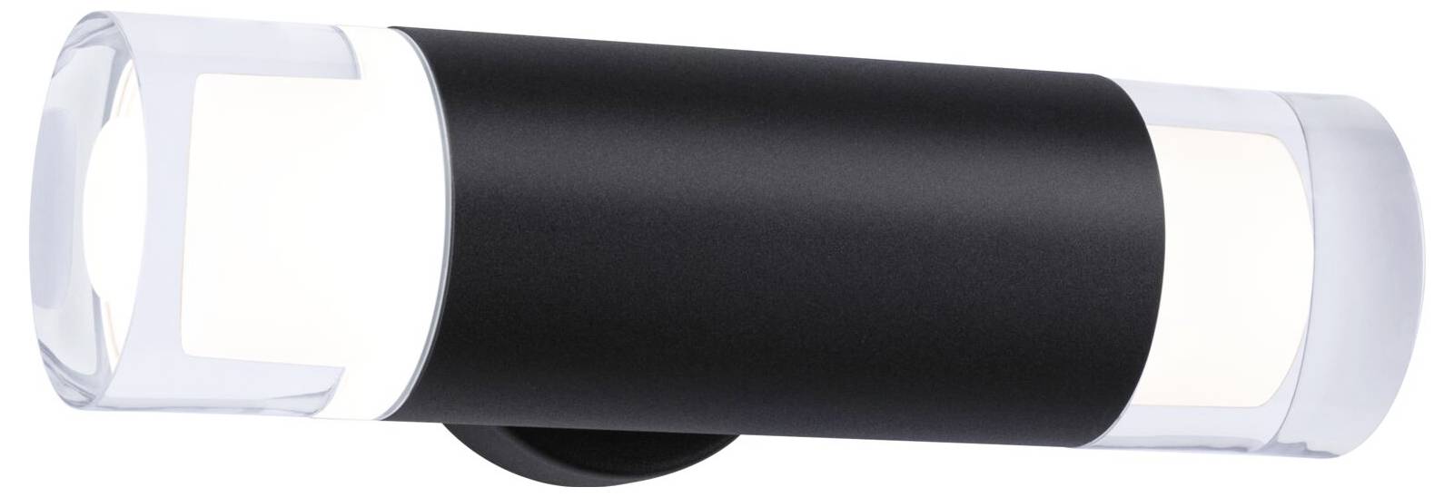 Eine moderne schwarze Wandleuchte mit zylindrischem Design und zwei klaren Enden, die nach oben und unten leuchten.