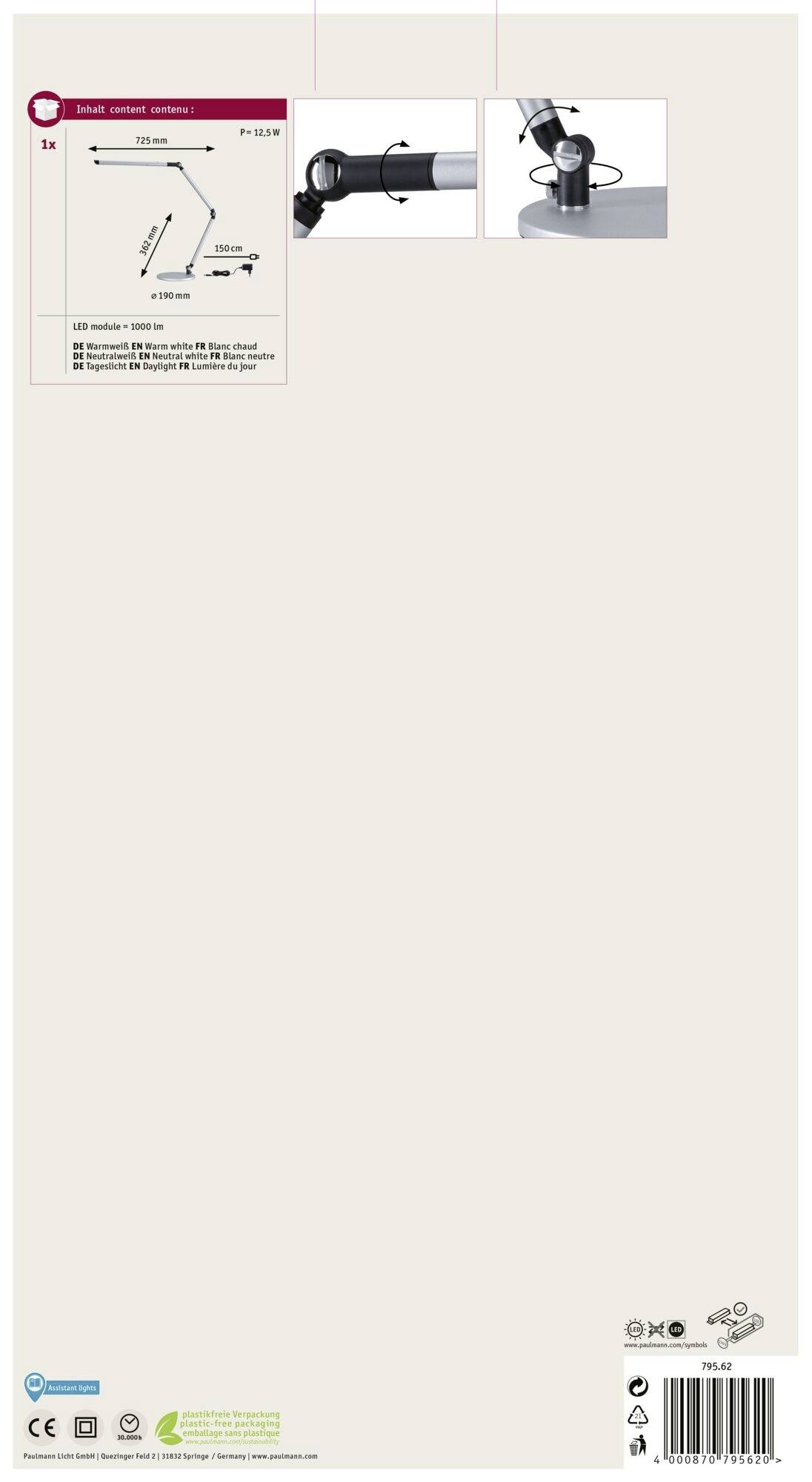 Montageanleitung für einen Schwenkarm mit Maßen und Illustrationen zur Befestigung an einem Tisch.