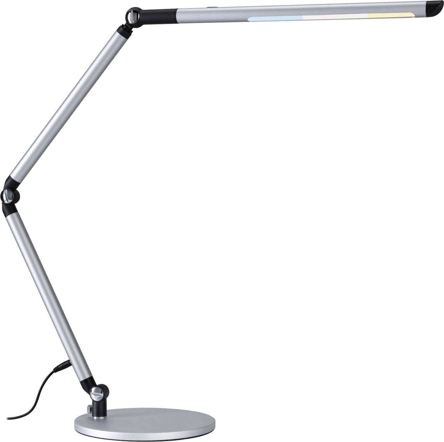 Eine moderne, silberne Schreibtischlampe mit verstellbarem Arm und rundem Sockel, eingeschaltet.