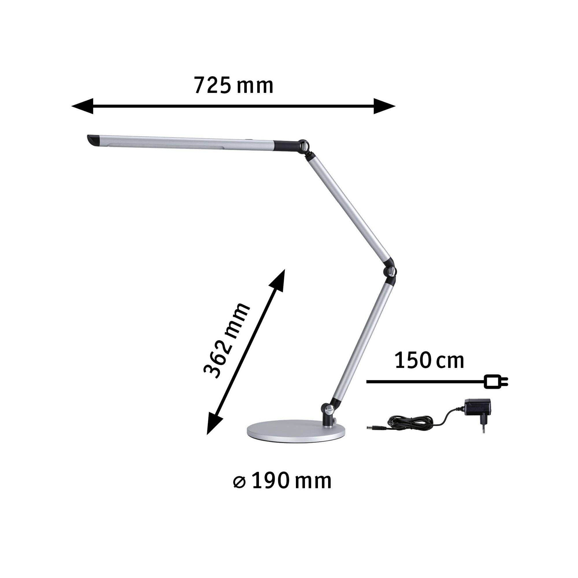 Moderne LED-Schreibtischlampe aus Metall mit den Maßen: Länge 725 mm, Höhe 362 mm, Sockeldurchmesser 190 mm. Kabel ist 150 cm lang.