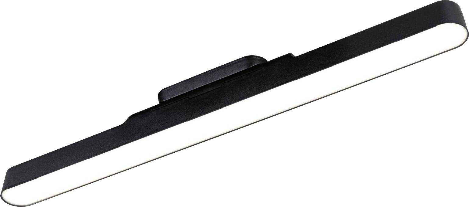 Längliche LED-Lampe mit schwarzem Gehäuse, modernem Design. Ideal für Wandbefestigung im Innenbereich. Beleuchtet gleichmäßig.