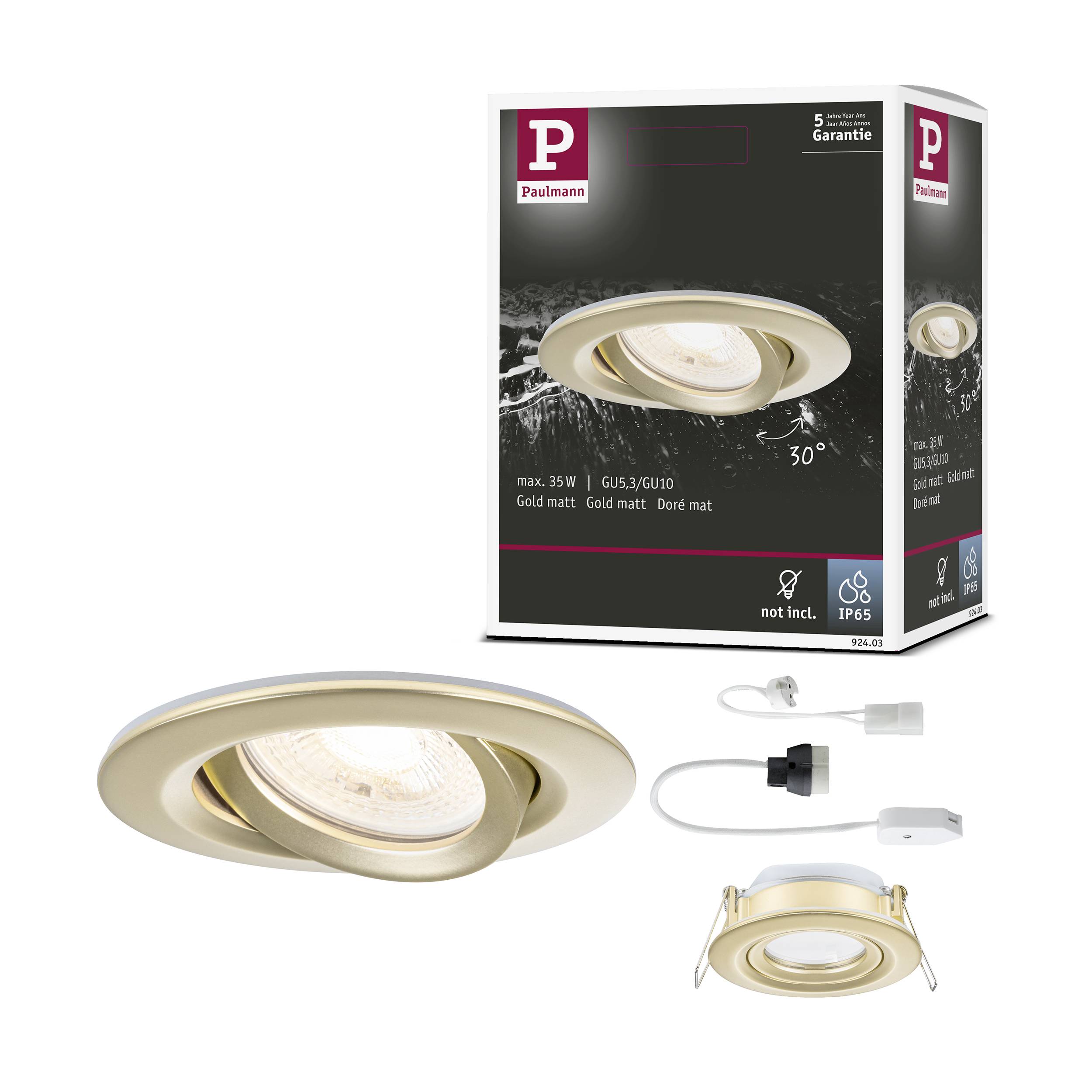 Deckenstrahler-Set mit goldener, matter Oberfläche, inkl. Einbauleuchte, Kabel und Adapter. Verpackung zeigt Produktdetails.