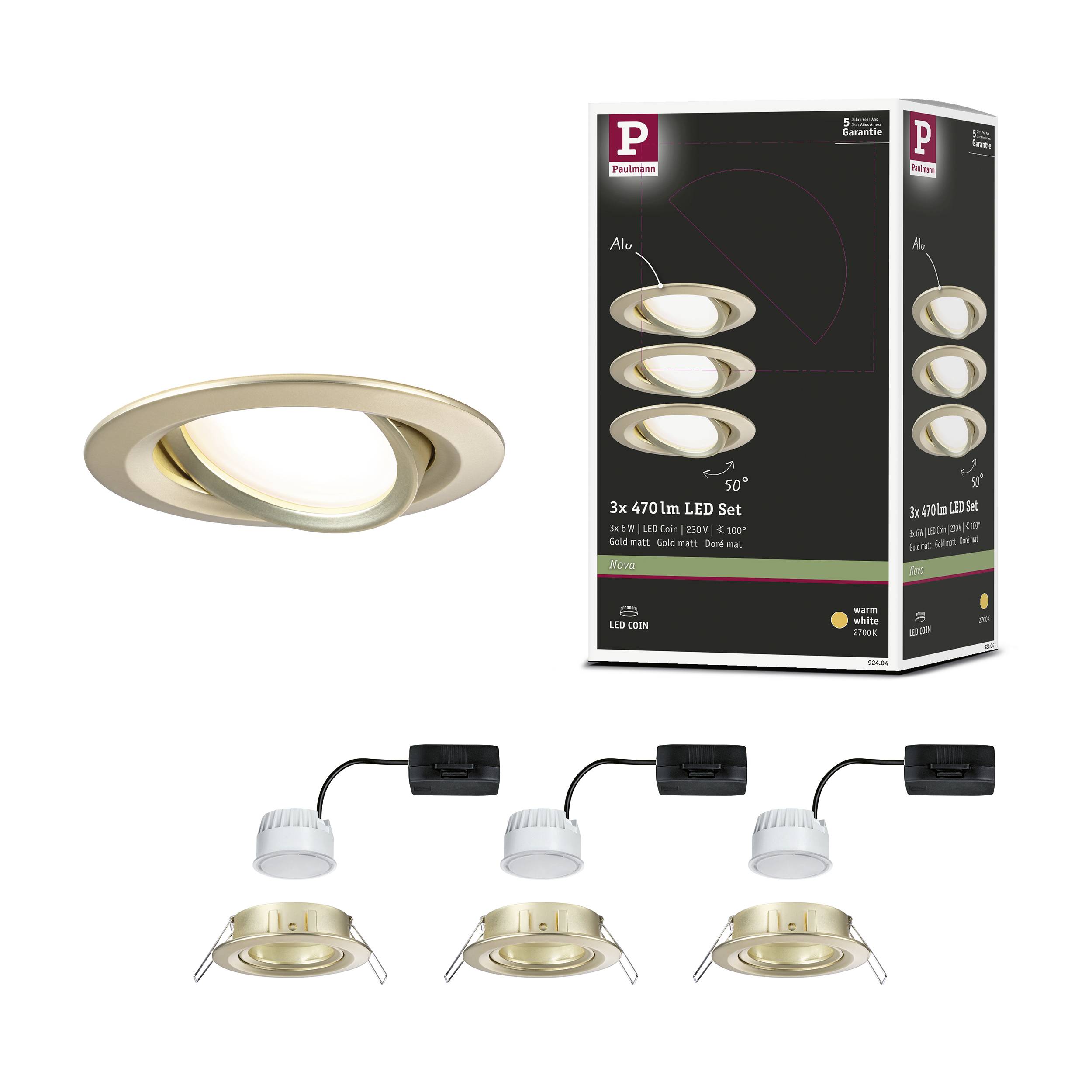 Paulmann 92404 Nova Coin LED-Einbauleuchte 3er Set LED 6W Gold (matt)