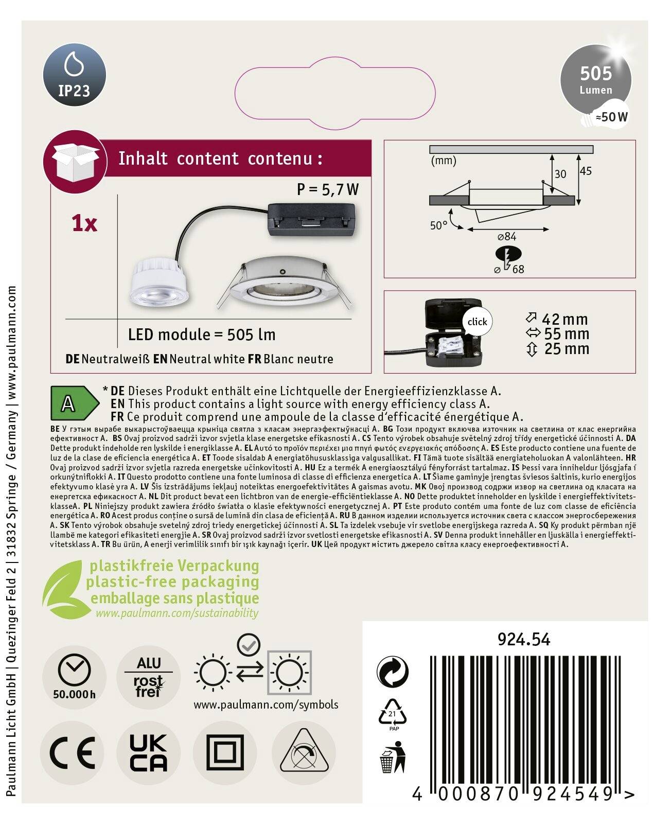 Paulmann 92454 Nova Coin LED-Einbauleuchte LED 2.8W Eisen (gebürstet)