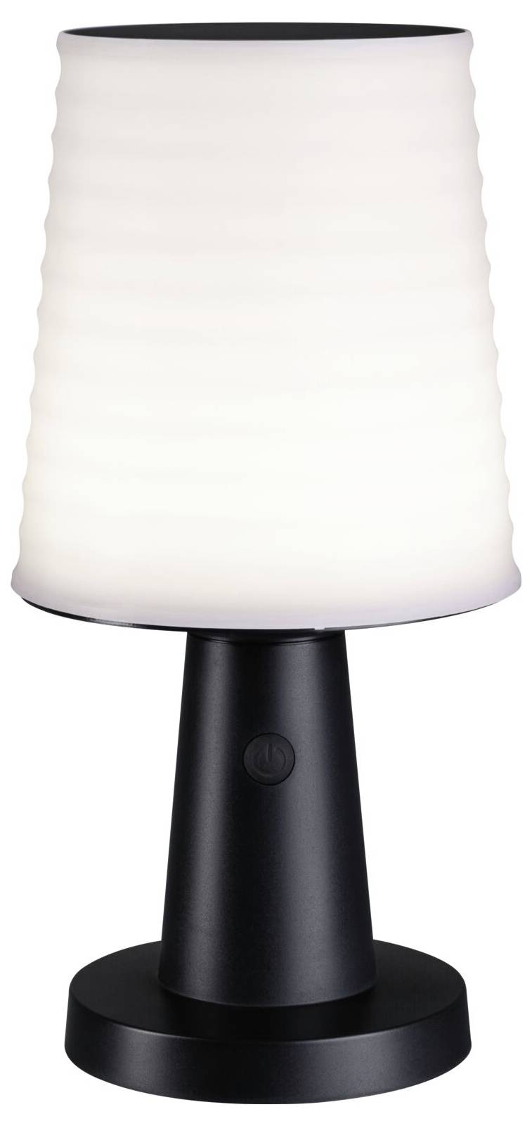 Schwarze Tischlampe mit weißem, wellenförmigem Schirm, geeignet für modernes Innendesign.