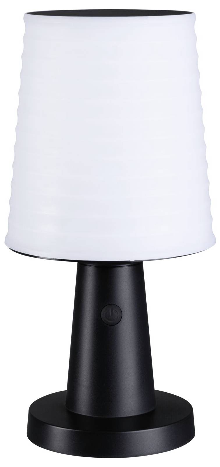 Eine schwarze Lampe mit weißem Lampenschirm, modern und schlicht gestaltet. Steht auf einem zylindrischen Sockel.