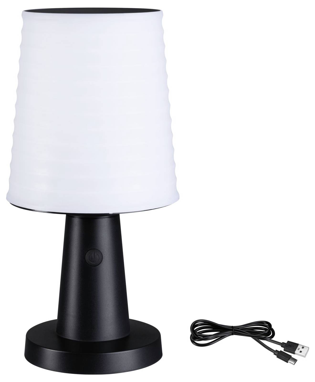 Eine schwarze Tischlampe mit weißem Schirm steht neben einem USB-Kabel.