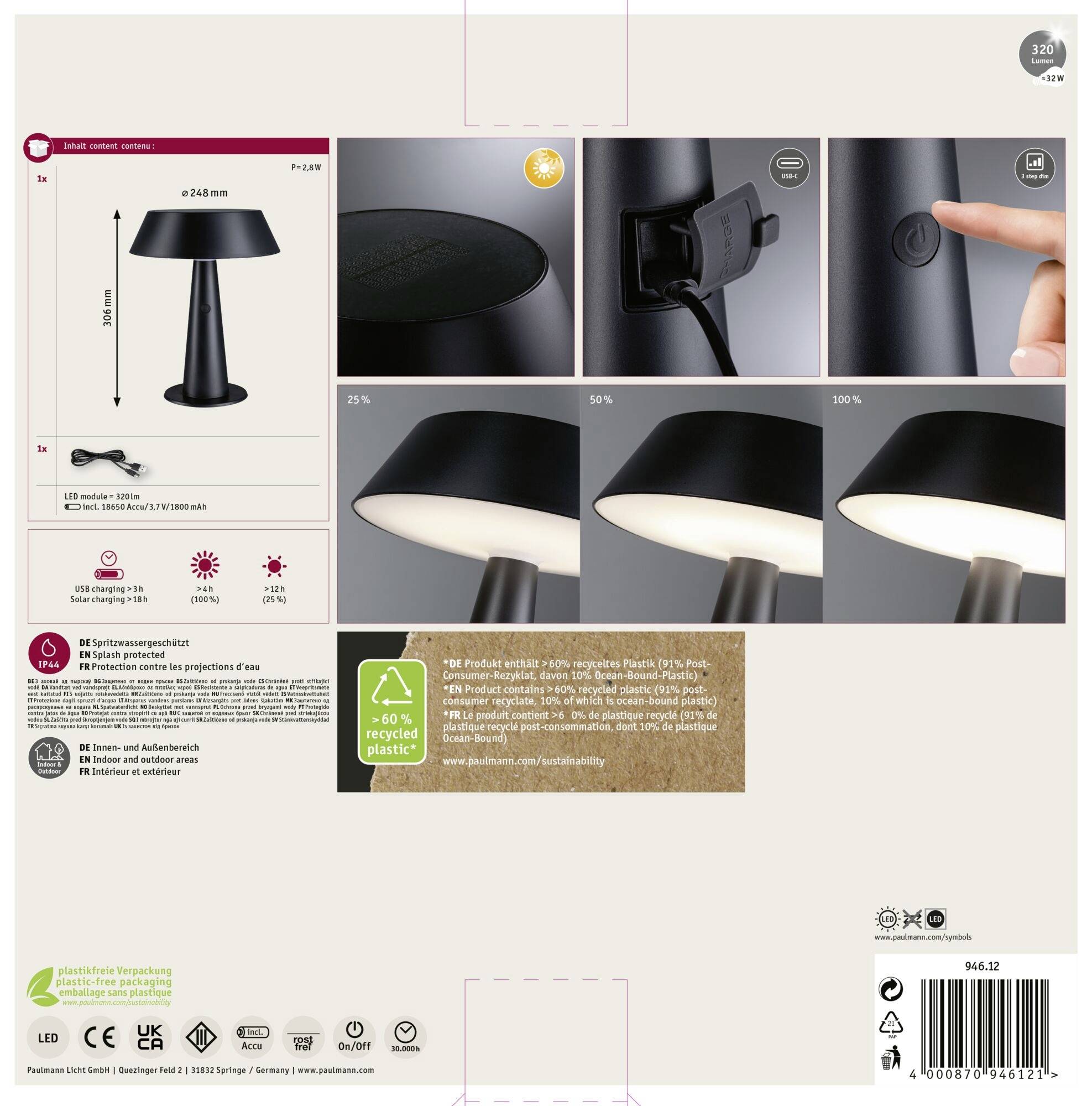 Eine schwarze Tischlampe mit Touch-Bedienung und Ladeanschluss. Zeigt drei Helligkeitsstufen und Kabel. 60% recycelter Kunststoff.