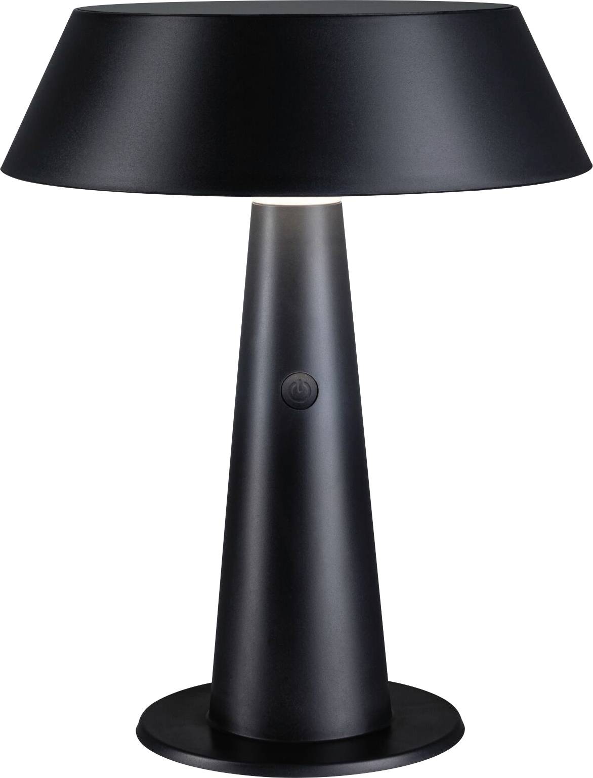 Schwarze Tischlampe mit konischem Fuß, breitem Schirm und zentralem Schalter. Modernes Design, geeignet für Wohnzimmer oder Büro.