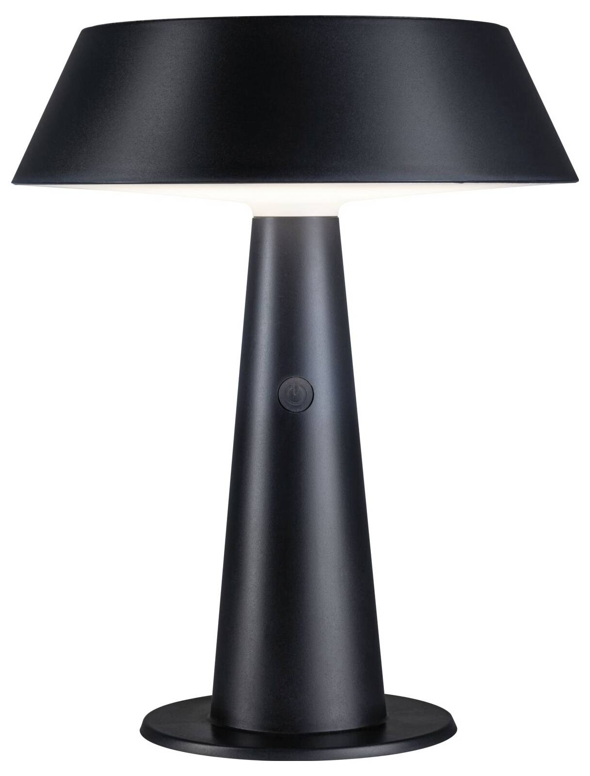 Schwarze Tischlampe mit breitem Lampenschirm, modernem Design und einem runden Sockel.