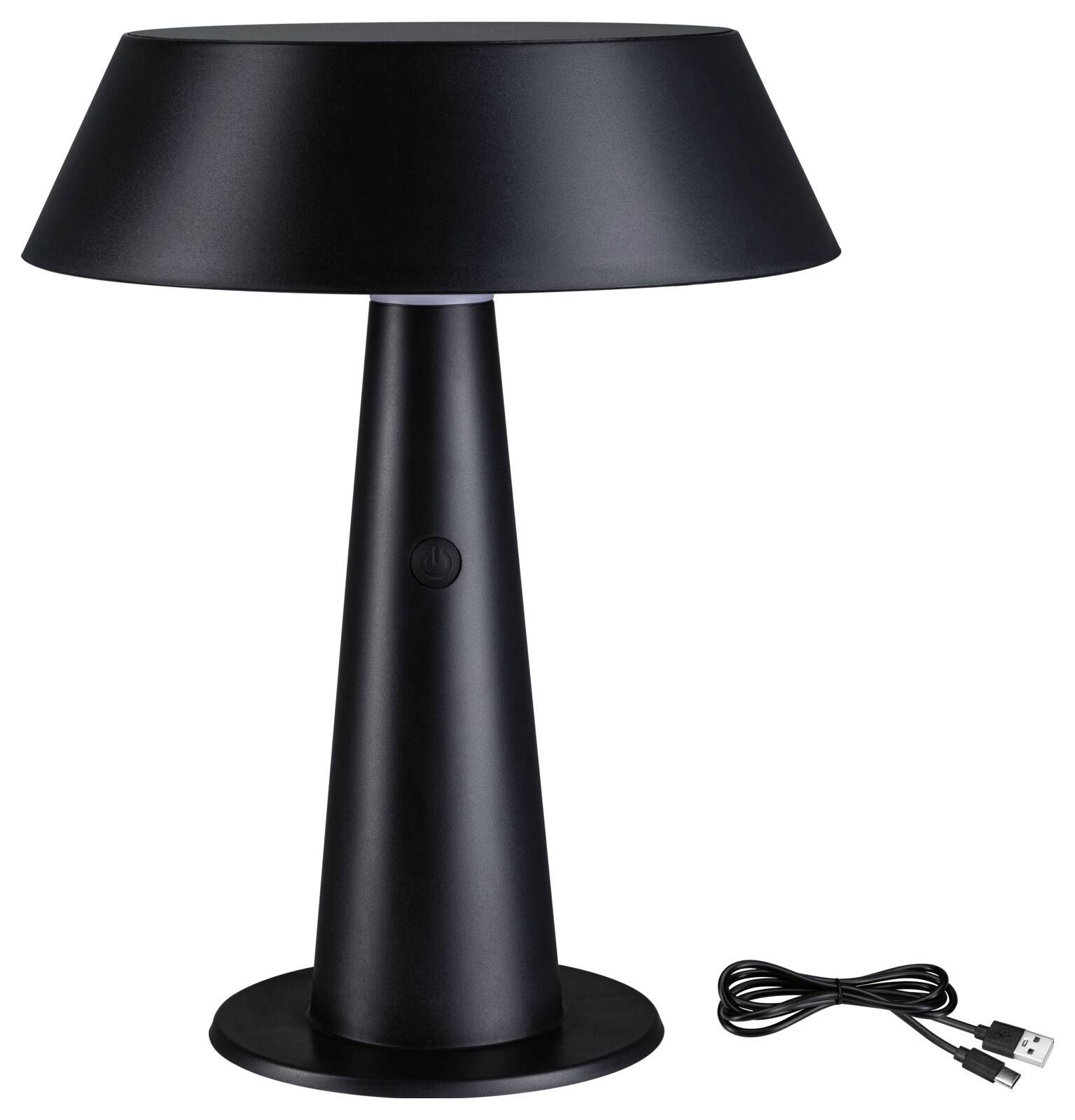 Schwarze, konische Tischlampe mit breitem Lampenschirm und USB-Kabel.