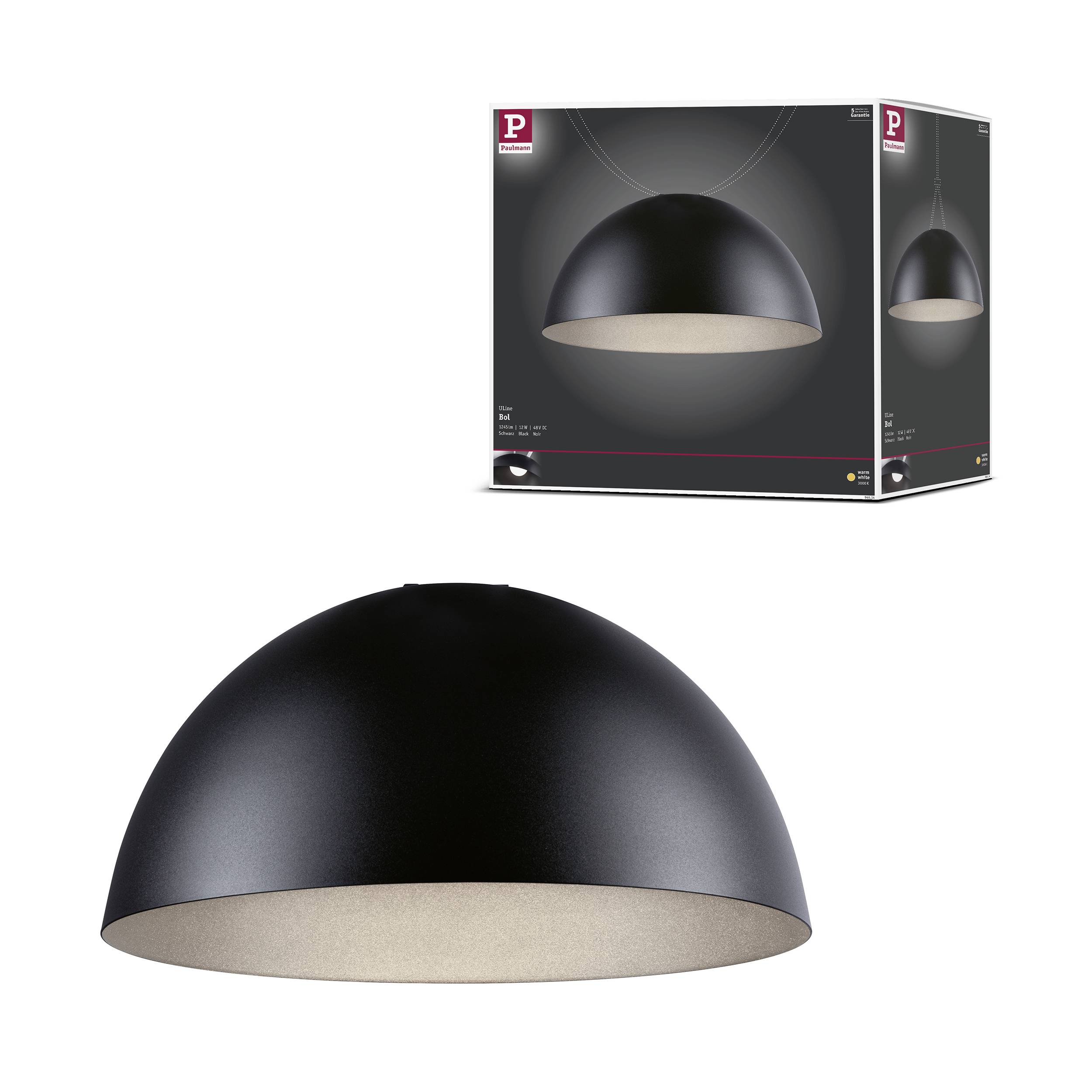 Schwarze Halbkugellampe und Verpackung. Lampe hat eine matte Oberfläche und der Verpackungskarton zeigt das gleiche Lampenmodell.