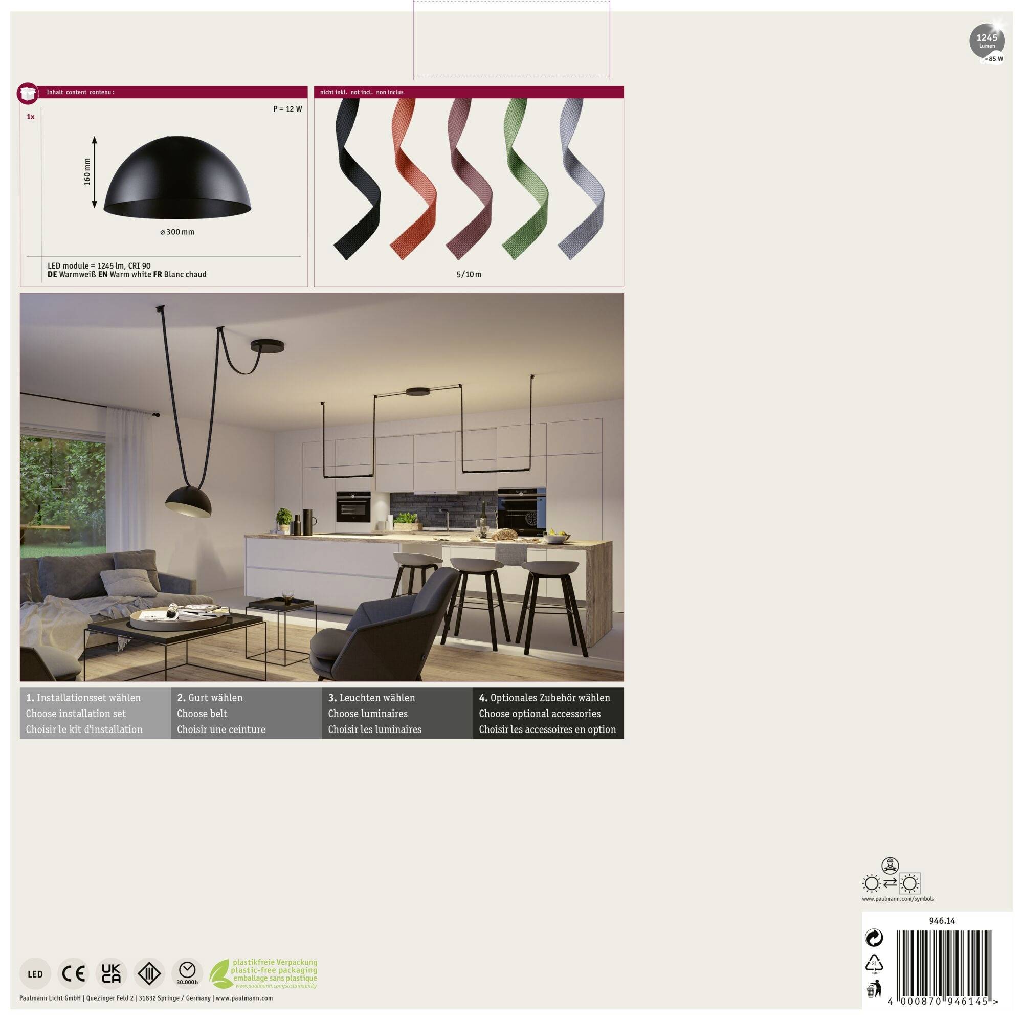 Ein modernes Wohnzimmer mit Küche, Hängelampe, großen Fenstern, grüner Aussicht und Essbereich. Verschiedene Kabeldesigns oben dargestellt.