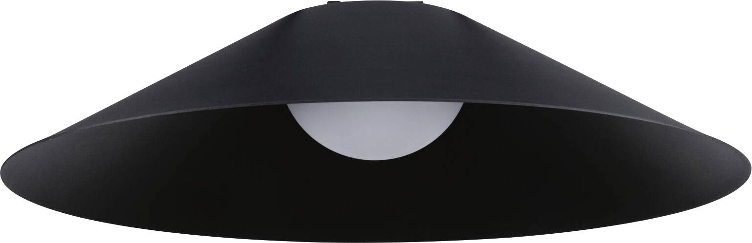 Eine schwarze, konische Pendelleuchte mit einer sichtbaren, weißen Glühbirne in der Mitte, hängt von der Decke.